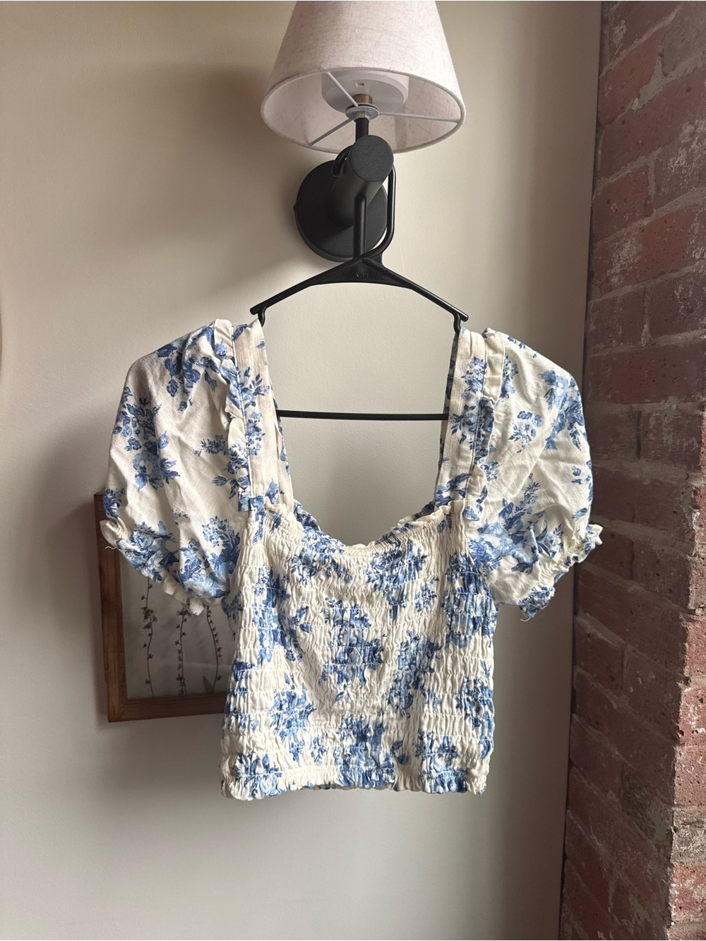 Monteau White and Blue Floral Smocked Crop Top
